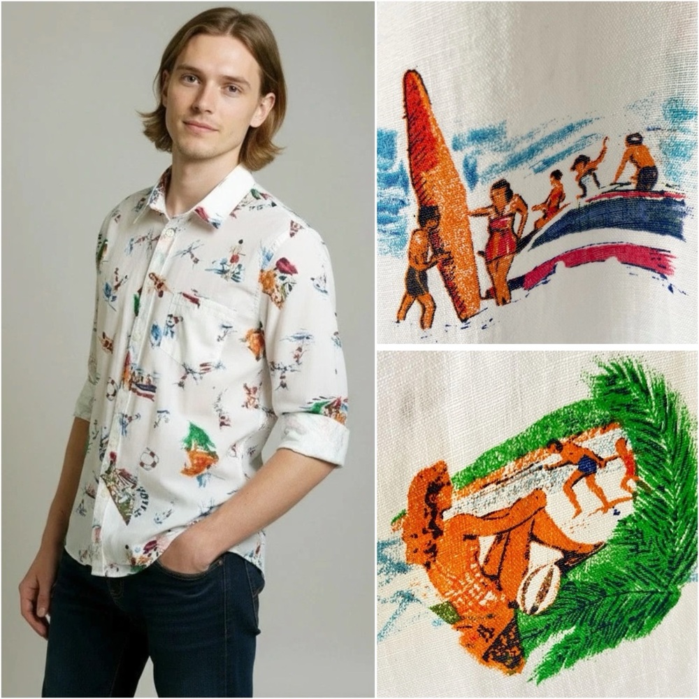 120% LINO Long Sleeve Button Up Linen Beachy Surf Pinup Shirt Size XL RARE